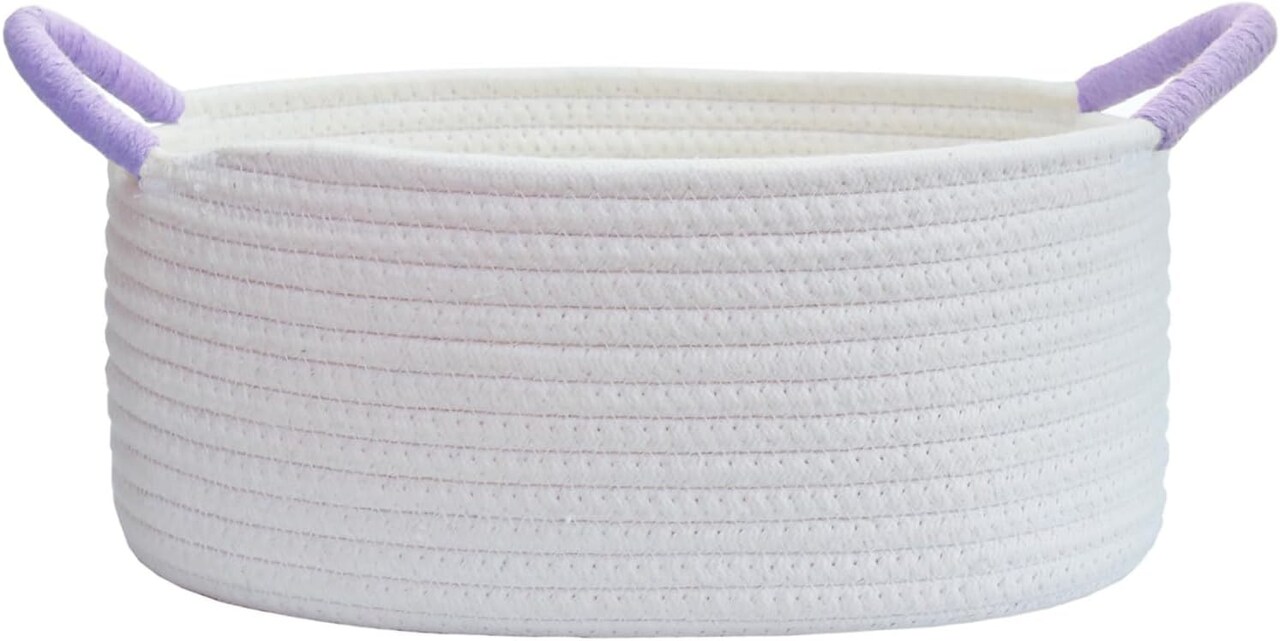 Empty Gift Baskets, Cute Woven Baskets for Storage, Small White Cotton Rope Baskets with Purple Handles for Women, Baby, Kid’s, Pets Storage(Oval, 12"x 8"x 5")
